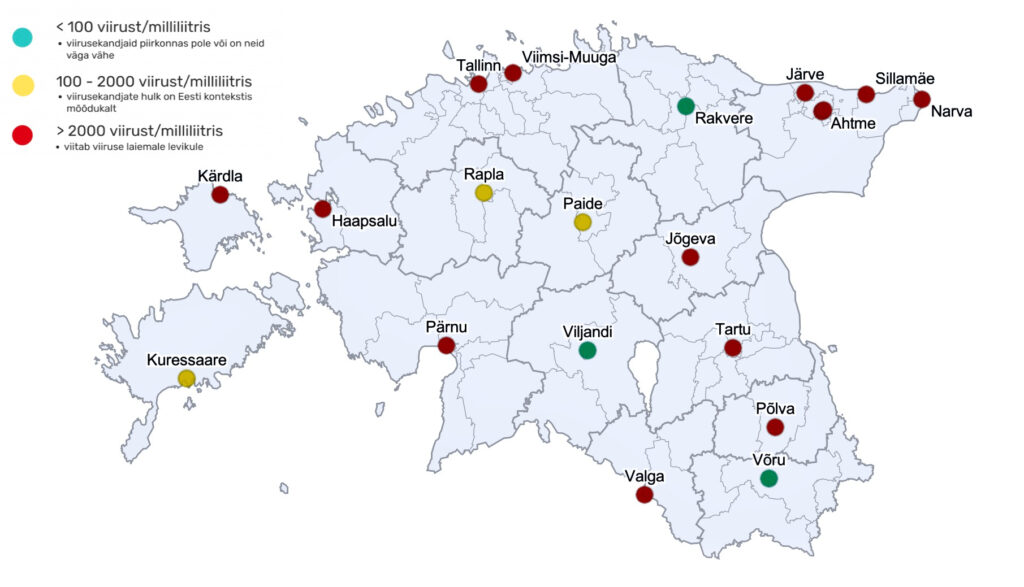 Koroonaviiruse reoveeseire kaart 2021. aasta veebruari esimene nadal. Allikas Tartu Ulikool