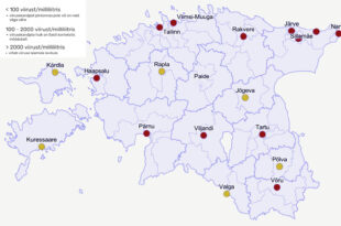 Koroonaviiruse reoveeseire kaart 2021. aasta martsi esimene nadal. Allikas Tartu Ulikool