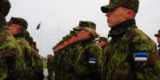Estonian Soldiers stand in formation during a welcome ceremony for U.S. troops 2014