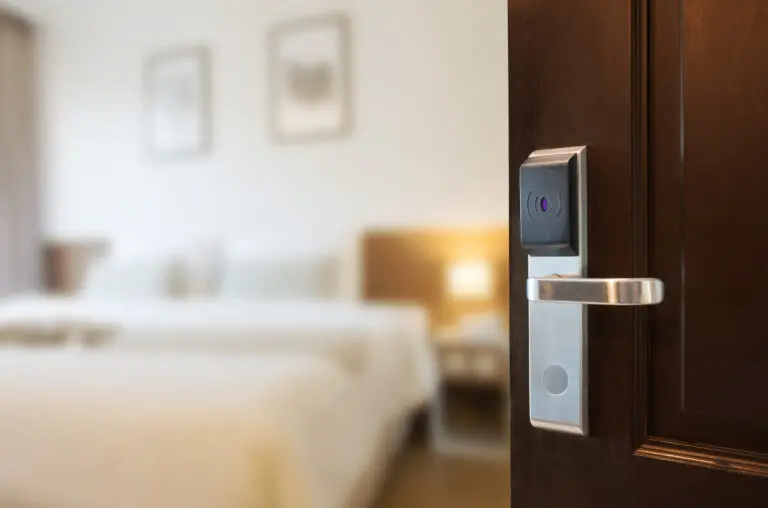 Open the door of hotel room.