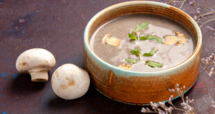 front close view delicious mushroom soup inside plate dark space