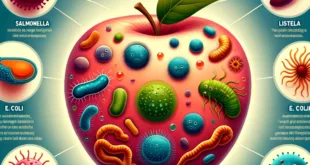 DALL·E 2023 11 20 10.16.00 A visually engaging infographic titled Hidden Dangers Microbes on Apple Surfaces. The infographic includes stylized illustrations of salmonella li