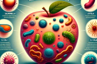 DALL·E 2023 11 20 10.16.00 A visually engaging infographic titled Hidden Dangers Microbes on Apple Surfaces. The infographic includes stylized illustrations of salmonella li