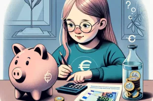 DALL·E 2023 11 20 11.30.21 A revised illustration showing a child learning about pocket money with a focus on the Euro currency. The child a Caucasian girl with long blonde hai