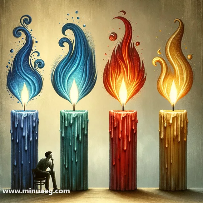 DALL·E 2023 12 05 18.35.54 An intriguing image of four candle flames each with distinct and unique characteristics. The first flame is a deep blue symbolizing calmness and ser jpg