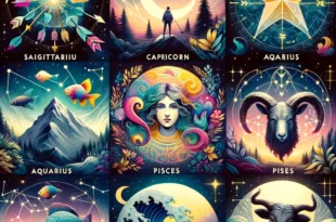 DALL·E 2023 12 06 12.04.02 A vibrant and mystical collage representing the abundance in December 2023 for six zodiac signs Sagittarius Capricorn Aquarius Pisces Aries and