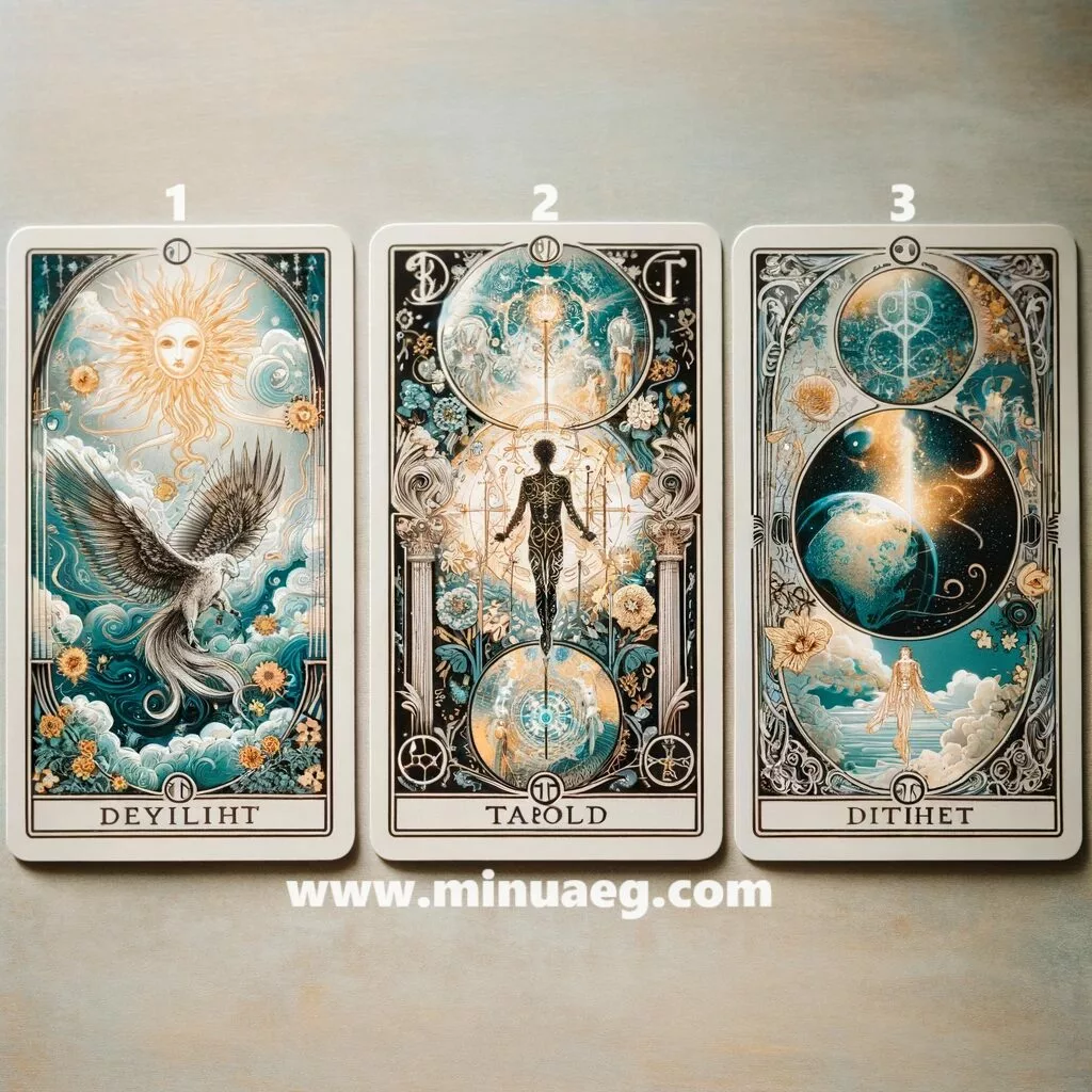 DALL·E 2024 01 22 07.10.50 Three different tarot cards laid out on a table. The cards are face up showing intricate and symbolic illustrations that are common in tarot decks w jpg