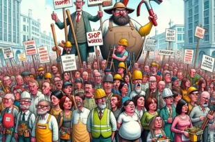 DALL·E 2024 01 23 09.54.21 A humorous and whimsical illustration showing teachers shop workers cleaners and builders all joining in a large exaggerated solidarity march. The