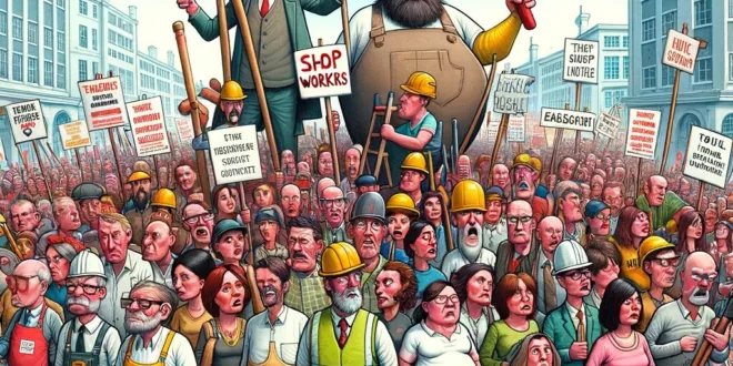 DALL·E 2024 01 23 09.54.21 A humorous and whimsical illustration showing teachers shop workers cleaners and builders all joining in a large exaggerated solidarity march. The