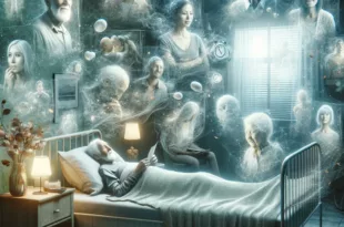 DALL·E 2024 03 07 13.27.09 An elder person on their deathbed is surrounded by memories depicted as ethereal transparent images floating around them. These memories include miss