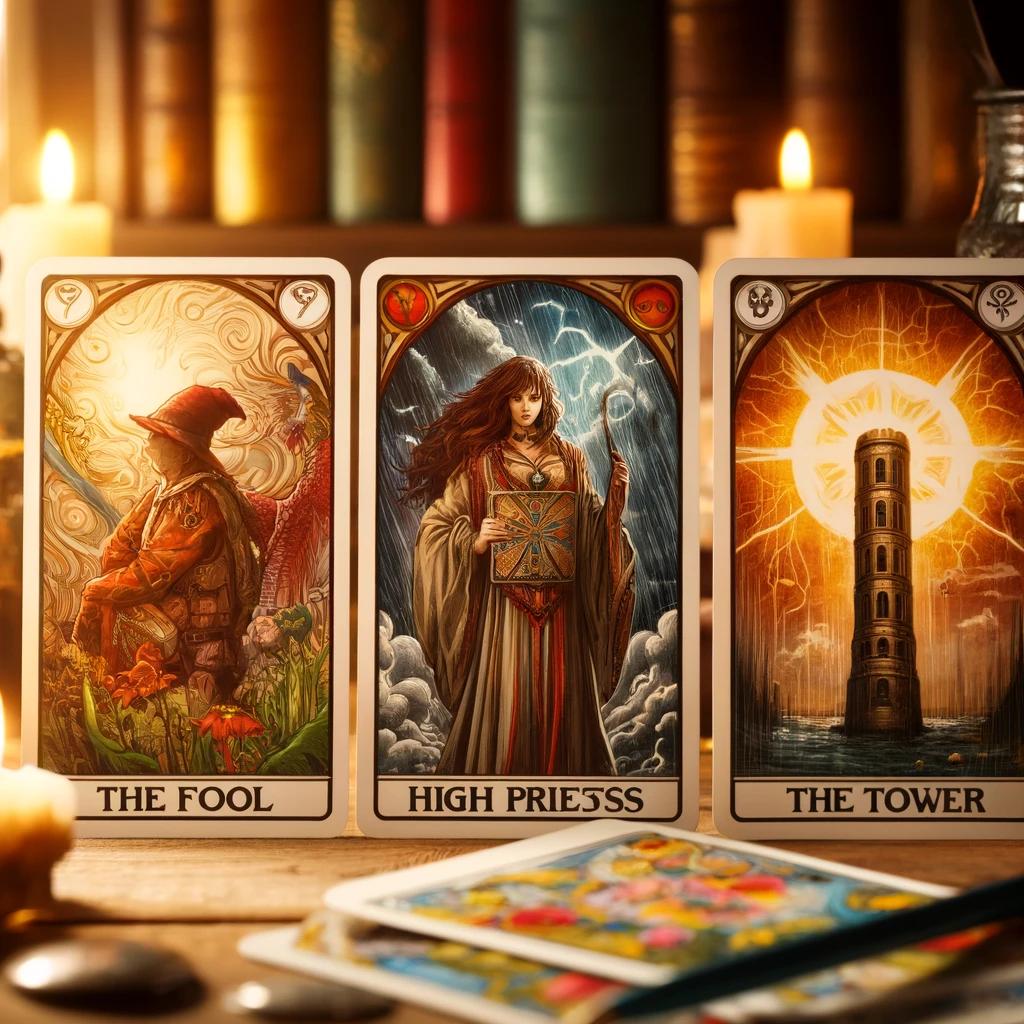 A scene showing three tarot cards laid out on a wo