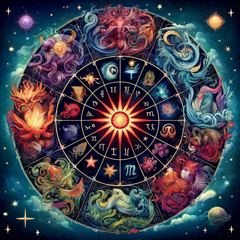 DALL·E 2024 05 07 19.35.04 A mystical and colorful representation of the zodiac wheel with all twelve zodiac signs depicted in their traditional symbols and corresponding elemen