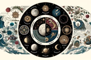 DALL·E 2024 05 09 07.50.09 A detailed illustration representing each day of the week with symbolic elements. Esmaspaev features a moon symbolizing new beginnings and emotions.