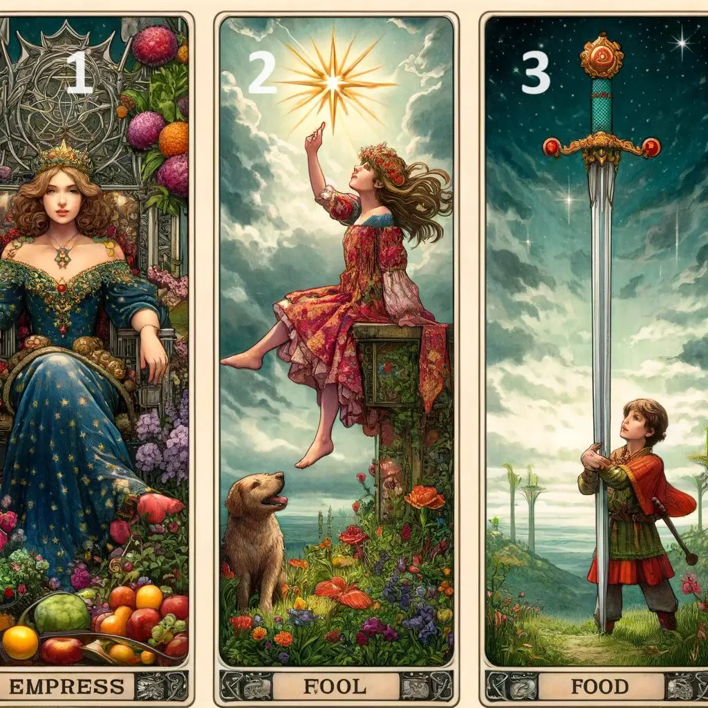 DALL·E 2024 05 10 05.24.28 A detailed and artistic depiction of three tarot cards 1. The Empress card featuring a regal woman seated on a throne in a lush garden symbolizing