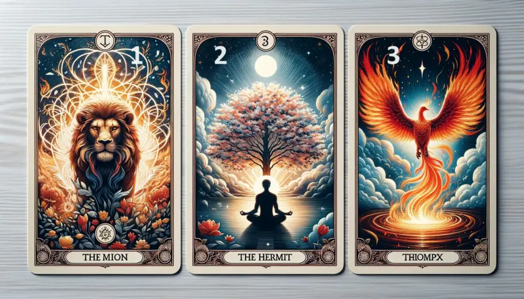 DALL·E 2024 05 12 07.43.32 A full view of three tarot cards laid out side by side. The first card prominently displays a majestic lion with a golden mane set against a celestia