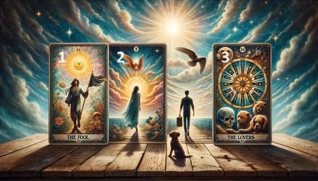 DALL·E 2024 05 13 05.47.26 An artistic depiction of three Tarot cards laid out side by side on a vintage wooden table. The first card is The Fool showing a joyful traveler with