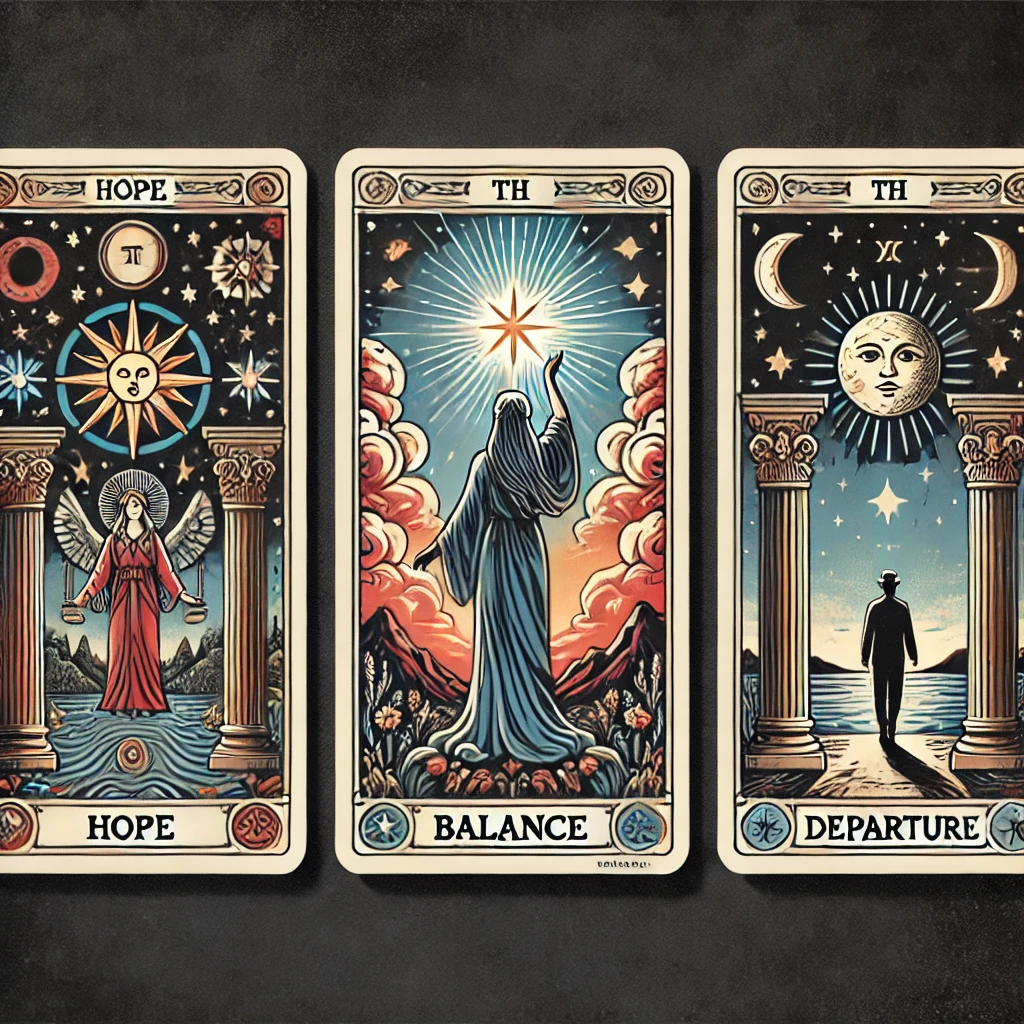 DALL·E 2024 11 12 08.14.44 A digital illustration of three different tarot cards placed side by side. Each card has a unique design representing various themes one with a figur