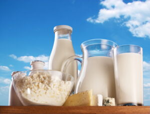 Dairy products on the sky background.