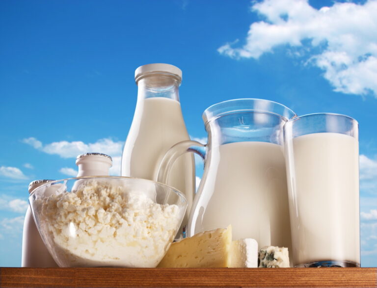 Dairy products on the sky background.